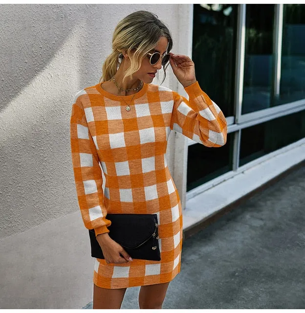 Plaid Knit Sweater Dress