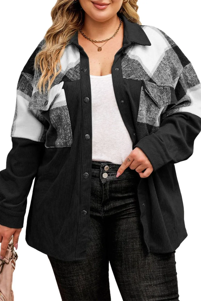 Plus Size Plaid Patchwork Corduroy Shacket