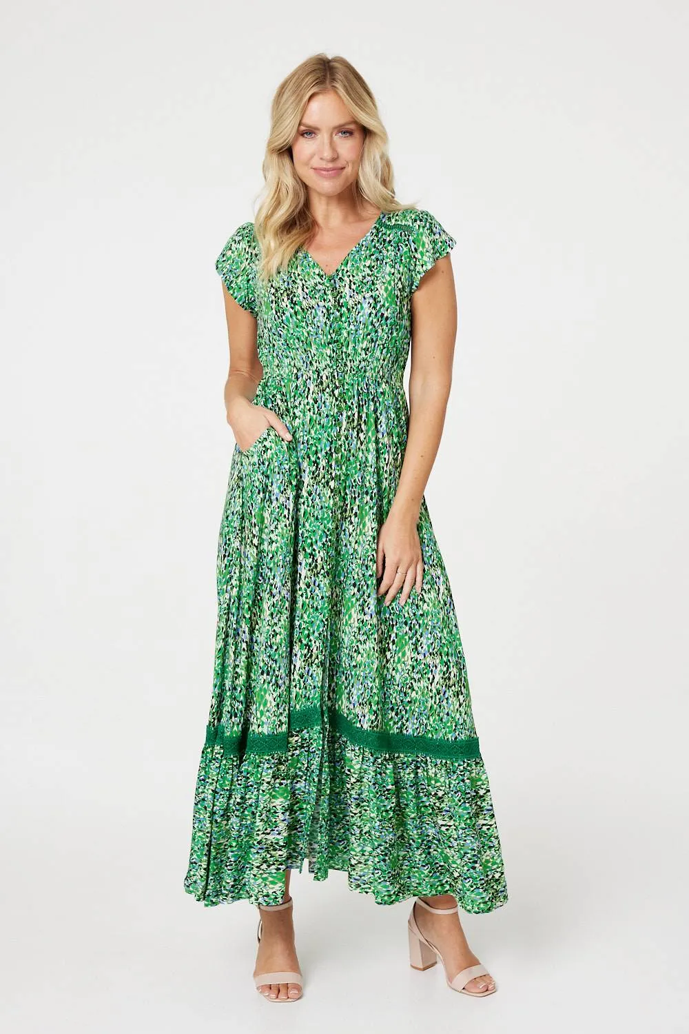 Printed Lace Detail Maxi Dress