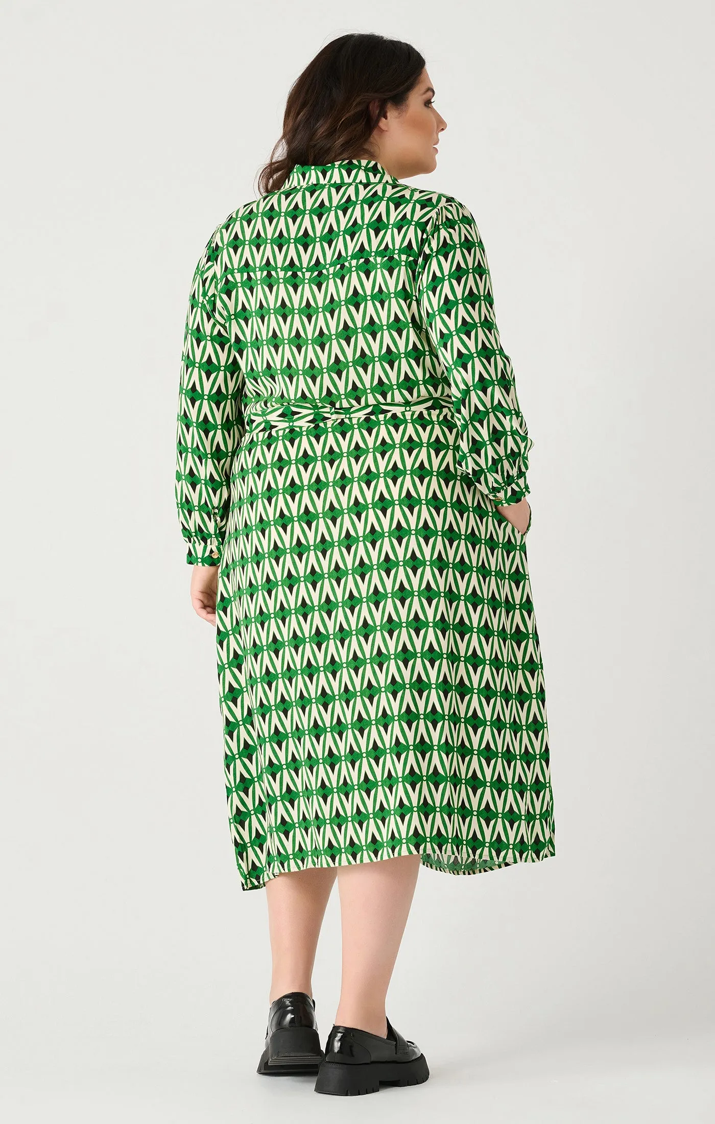 Printed Maxi Shirt Dress in Emerald/ Ecru Geo