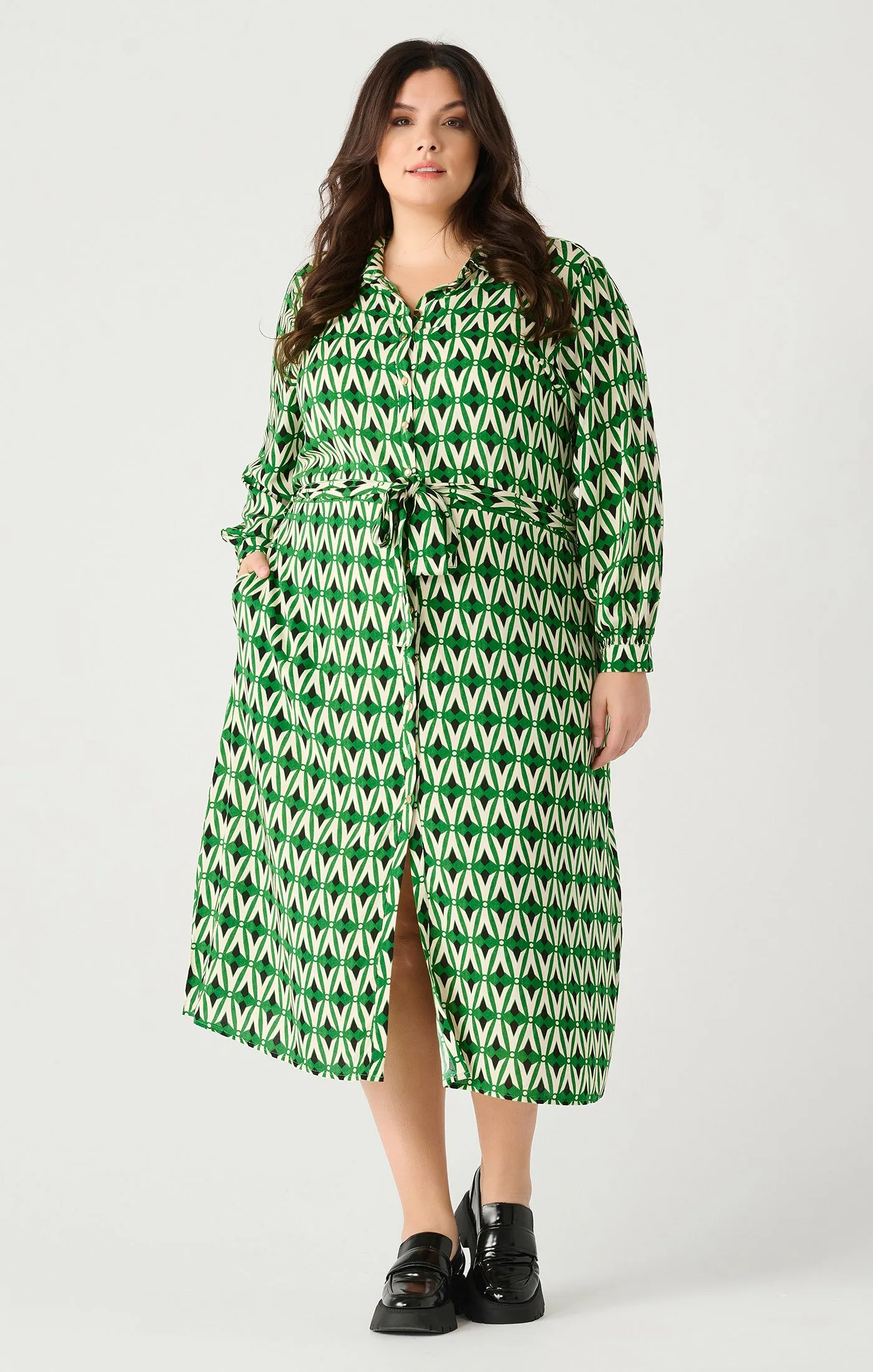 Printed Maxi Shirt Dress in Emerald/ Ecru Geo