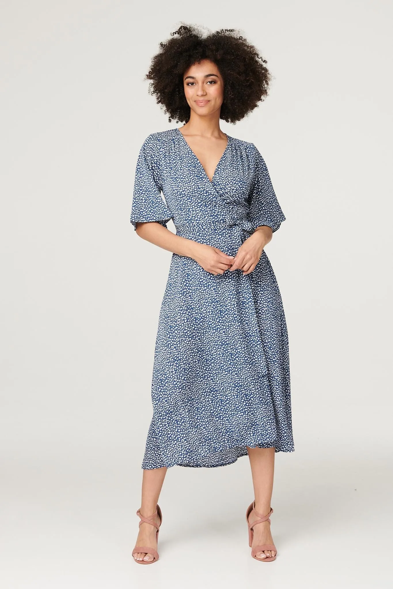 Printed Tie Waist Wrap Midi Dress