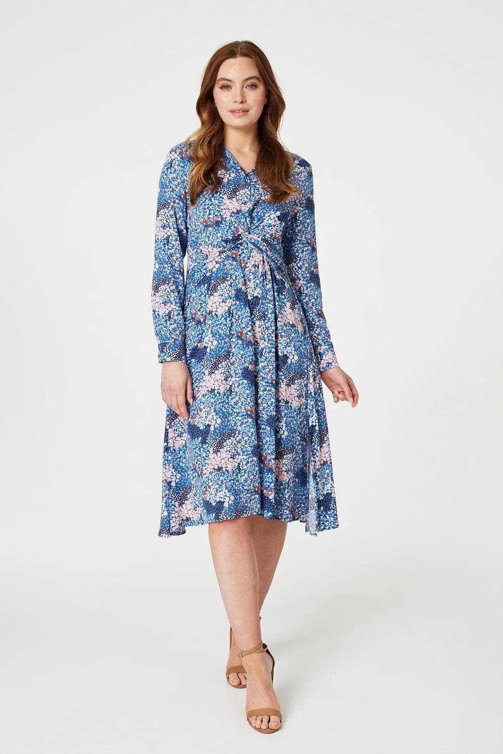 Printed Twist Front Midi Dress