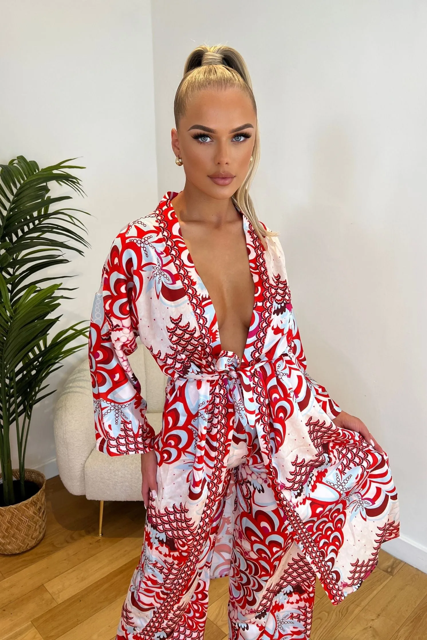 Red & White Floral Print Belted Kimono Top with Matching Trousers Co-Ord