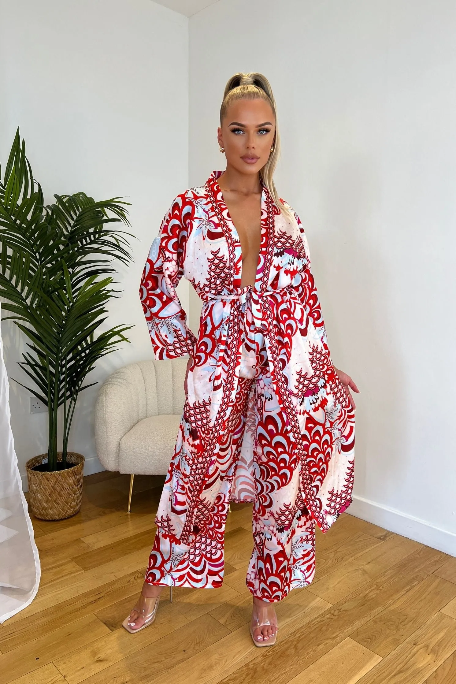 Red & White Floral Print Belted Kimono Top with Matching Trousers Co-Ord