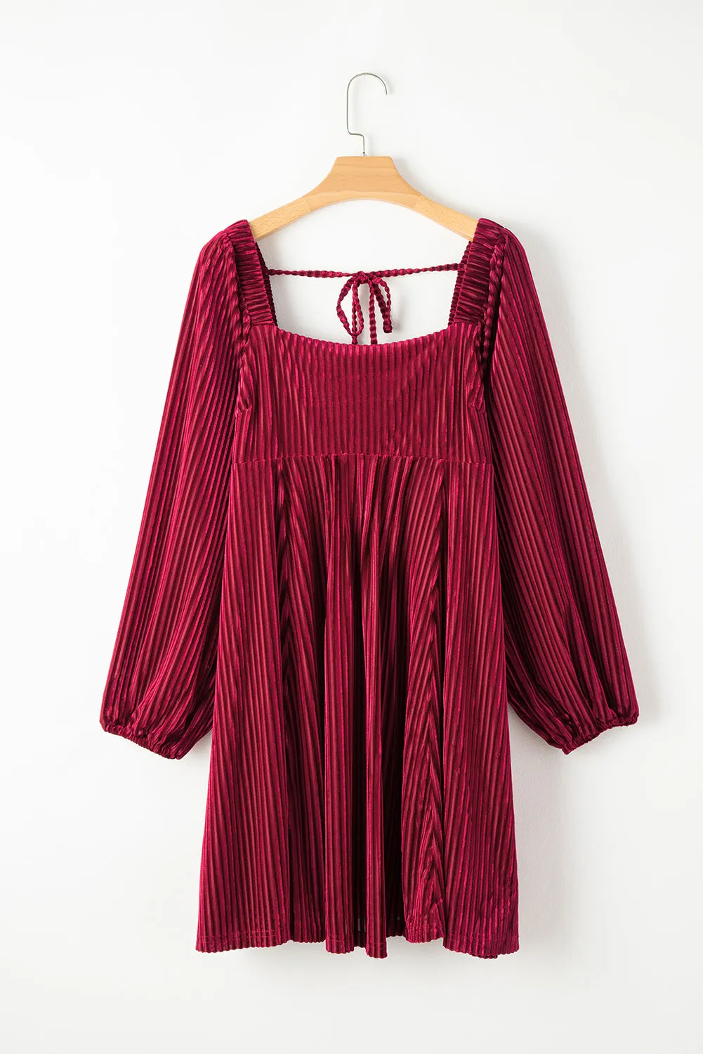 Red Square Neck Tie Back Ribbed Velvet Babydoll Dress