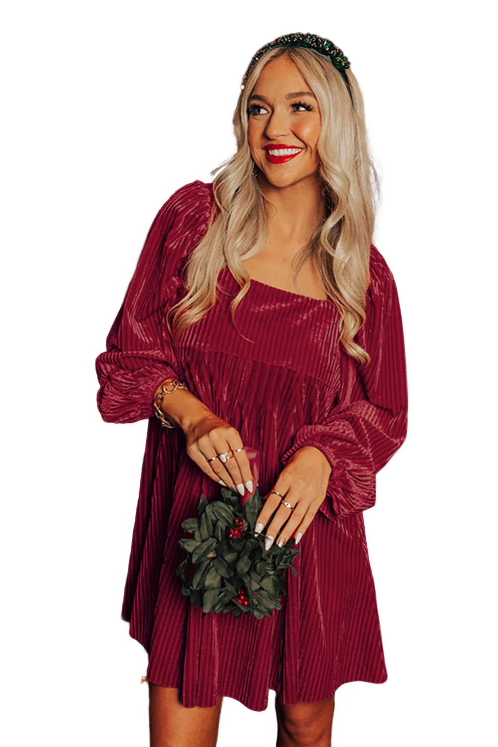 Red Square Neck Tie Back Ribbed Velvet Babydoll Dress