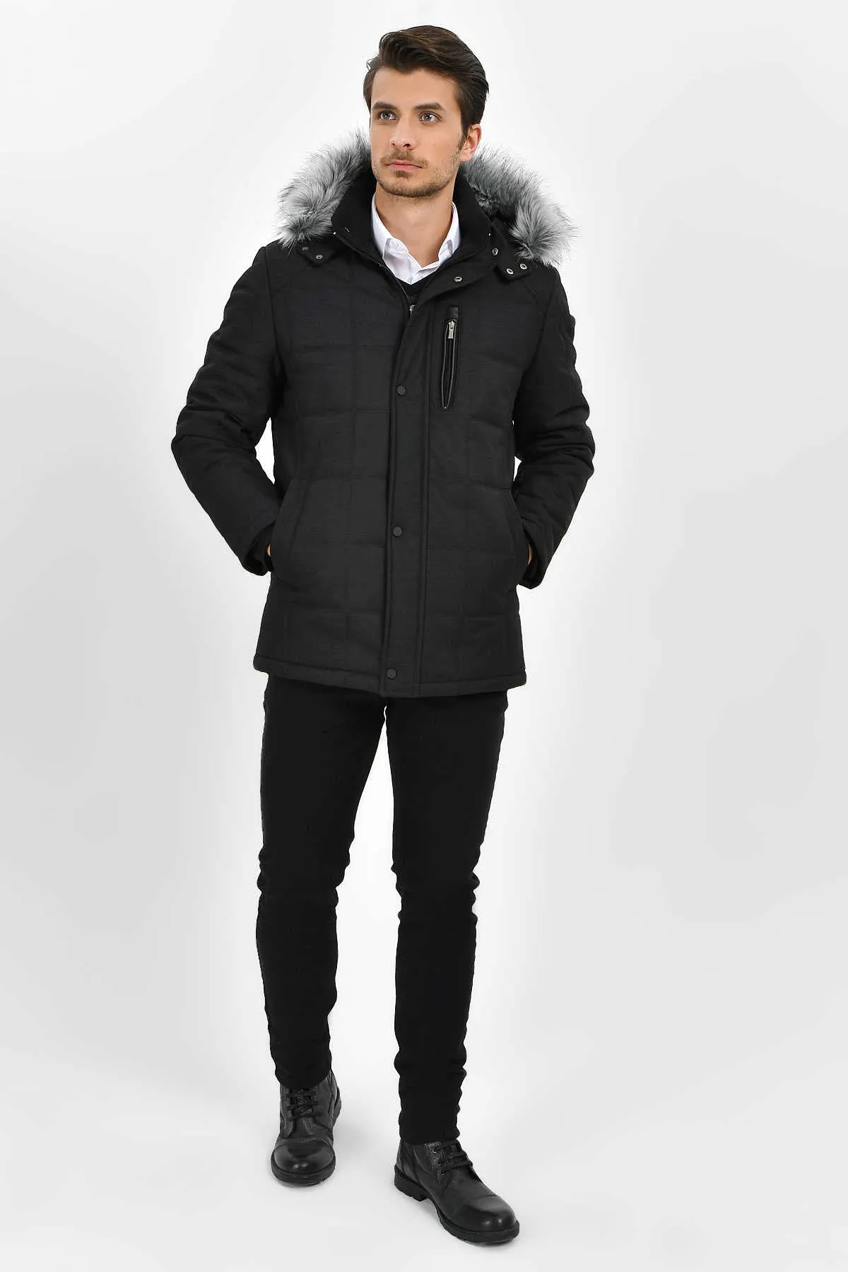 Regular Fit Faux Fur Hooded Black Coat