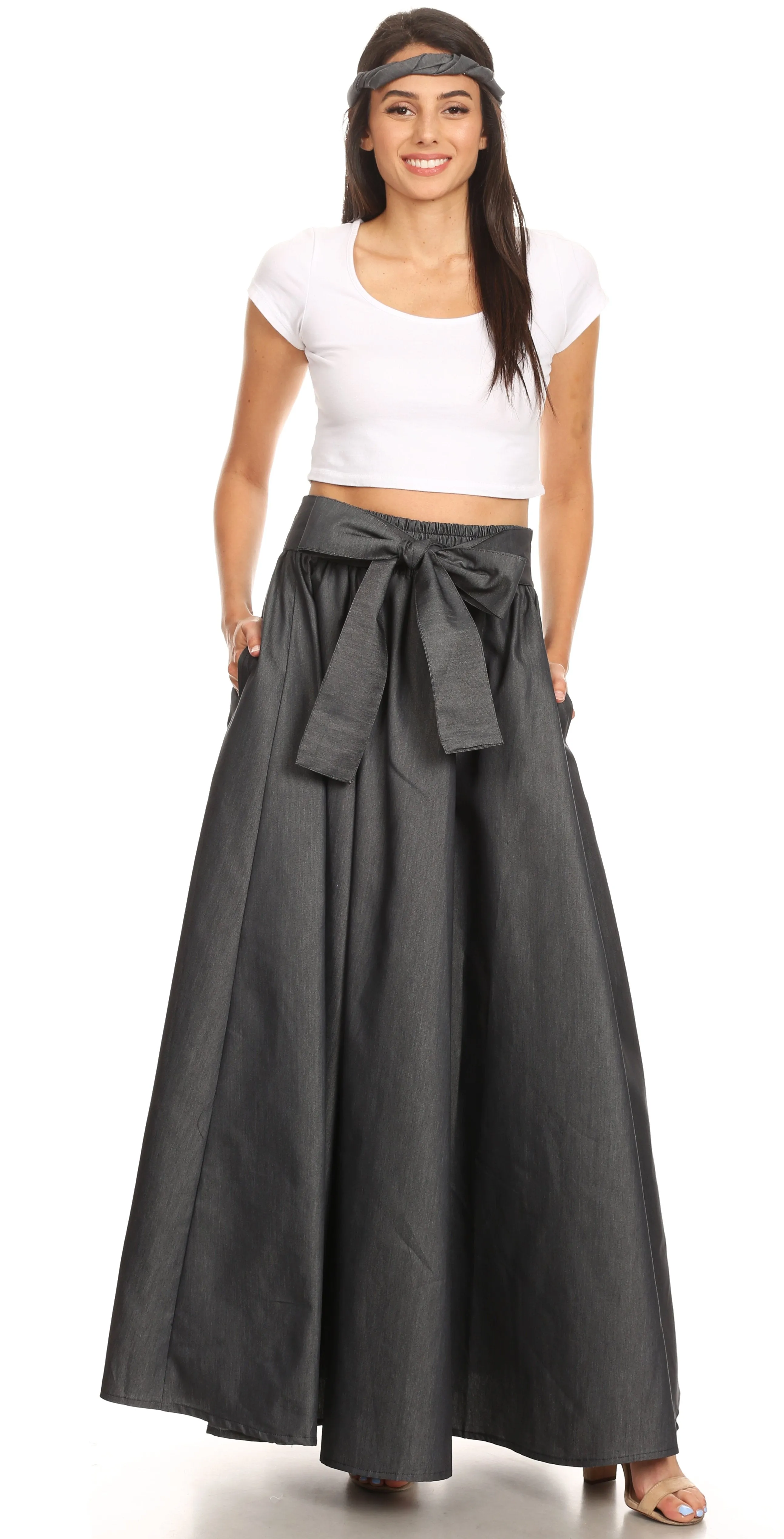 Sakkas Adisa Long Maxi Chambray Boho Casual Skirt with Elastic Waist