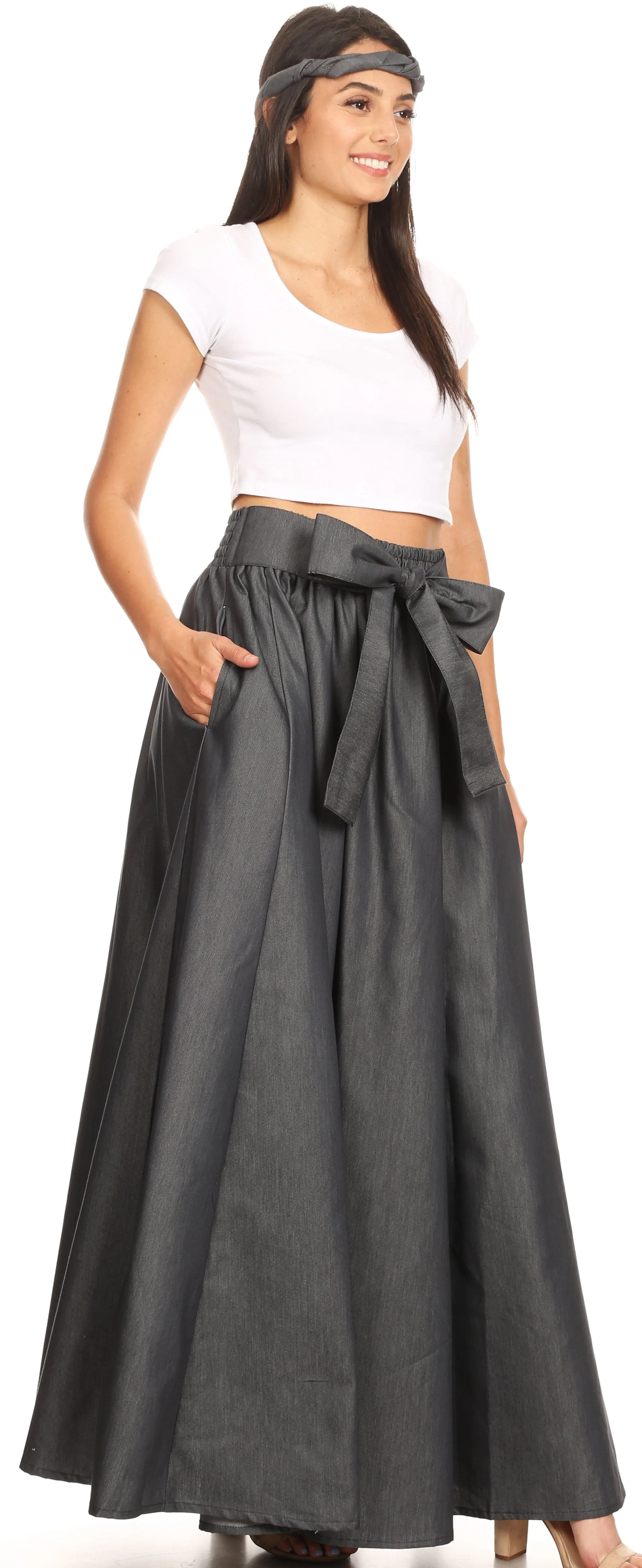 Sakkas Adisa Long Maxi Chambray Boho Casual Skirt with Elastic Waist