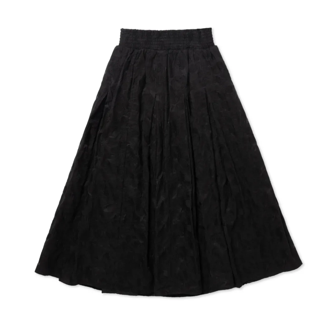 SAMPLE - Smocked Waist MIDI Skirt - Black Embroidered Fleurs - Final Sale