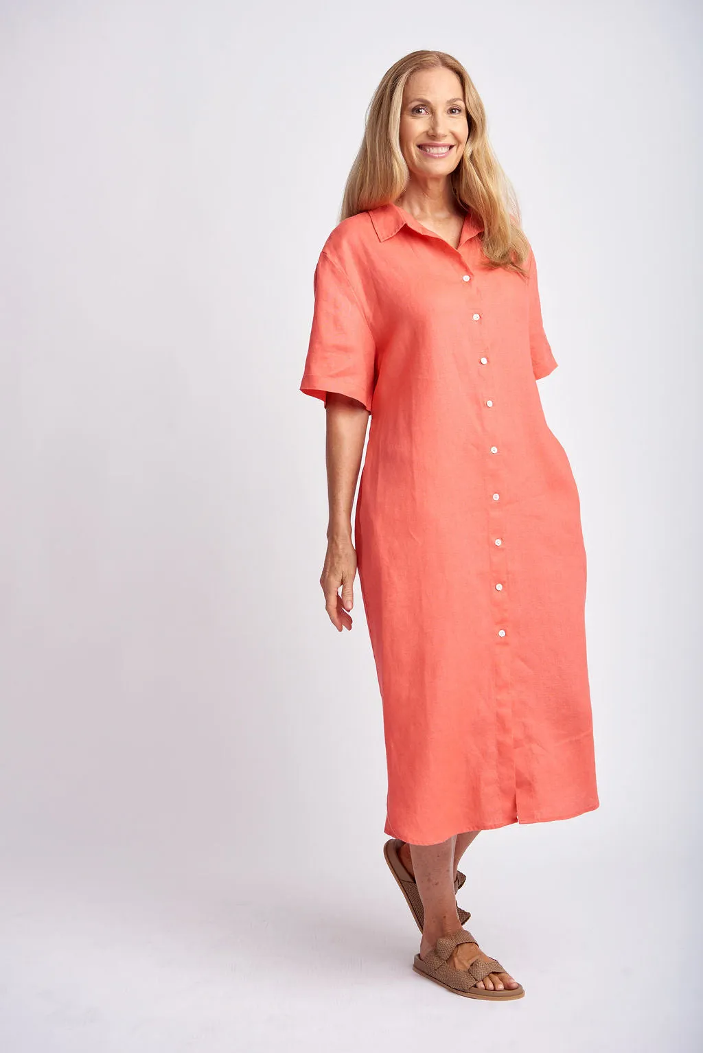 Short Sleeve Linen Shirt Dress With Belt Coral