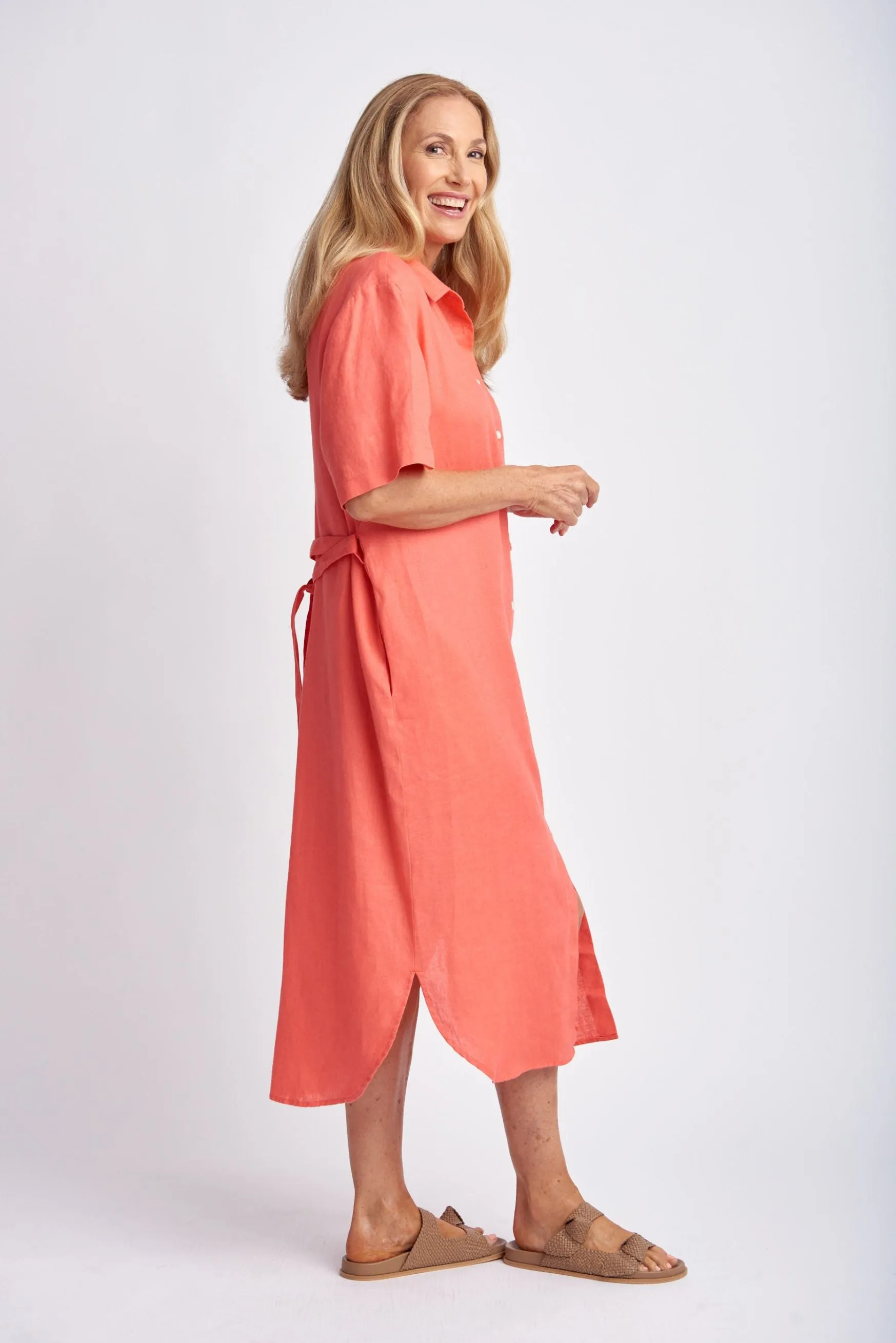 Short Sleeve Linen Shirt Dress With Belt Coral