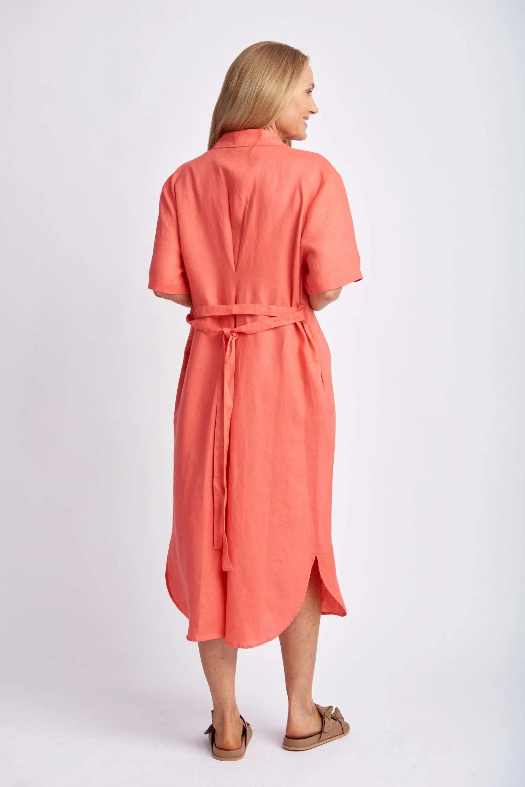 Short Sleeve Linen Shirt Dress With Belt Coral