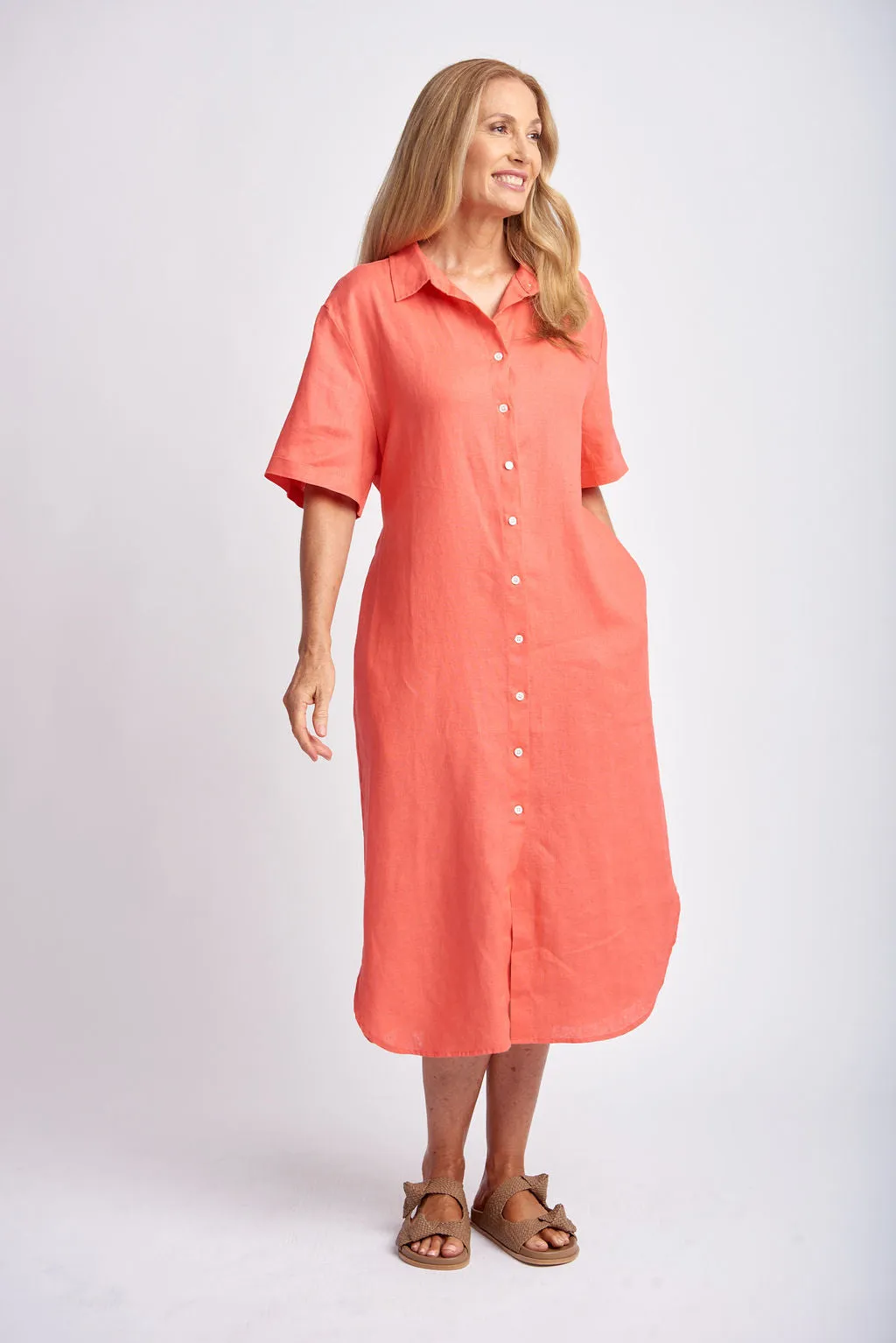 Short Sleeve Linen Shirt Dress With Belt Coral