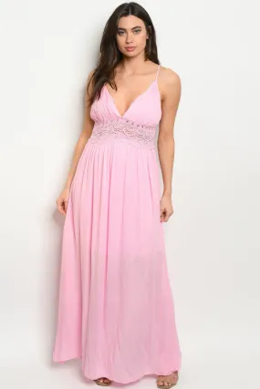 Soft Pink Babydoll Lace Accent Maxi Dress