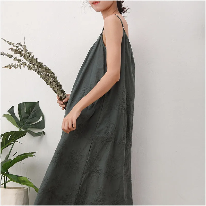 Solid color dress embroidered loose waist suspender bottom cotton linen maxi skirt