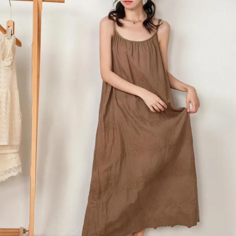 Solid color dress embroidered loose waist suspender bottom cotton linen maxi skirt