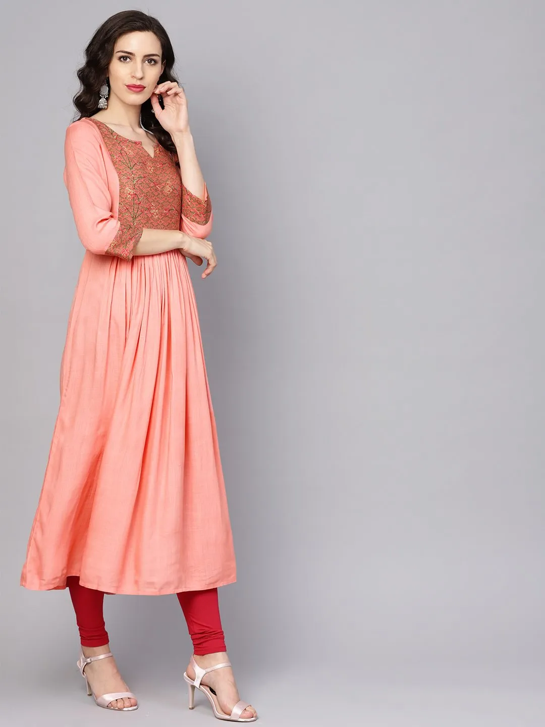 Solid Peach 3/4Th Sleeve Rayon Maxi Dress