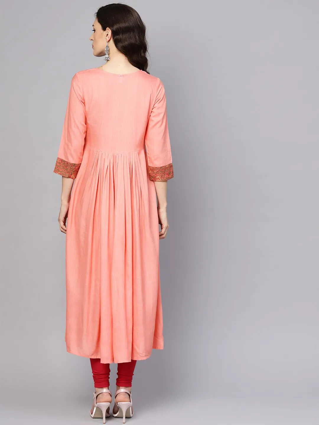 Solid Peach 3/4Th Sleeve Rayon Maxi Dress