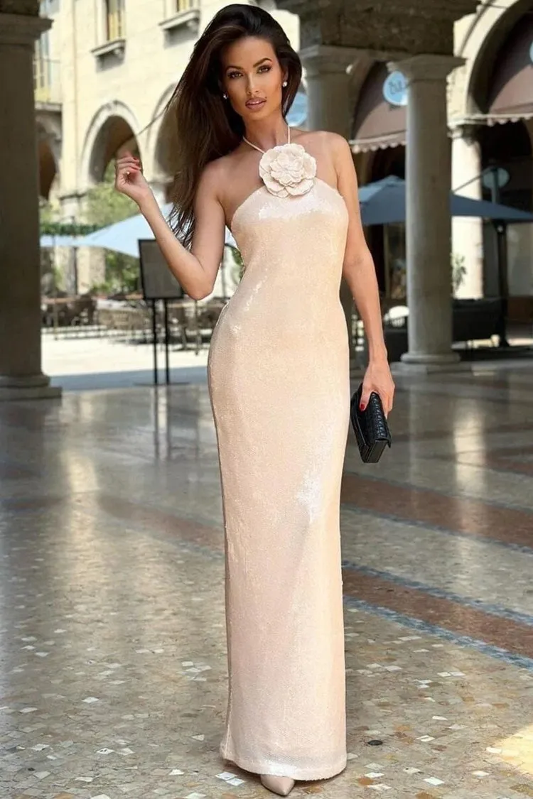 Sparkly Rosette Halter Sequin Embellished Split Sheath Evening Maxi Dress