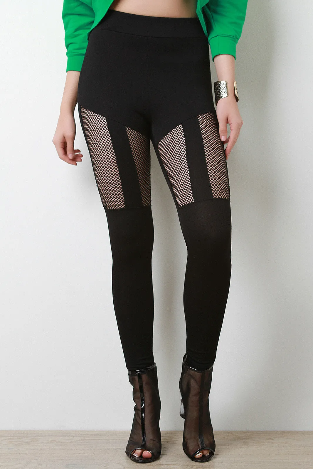 Stretchy High Waisted Fishnet Inset Leggings