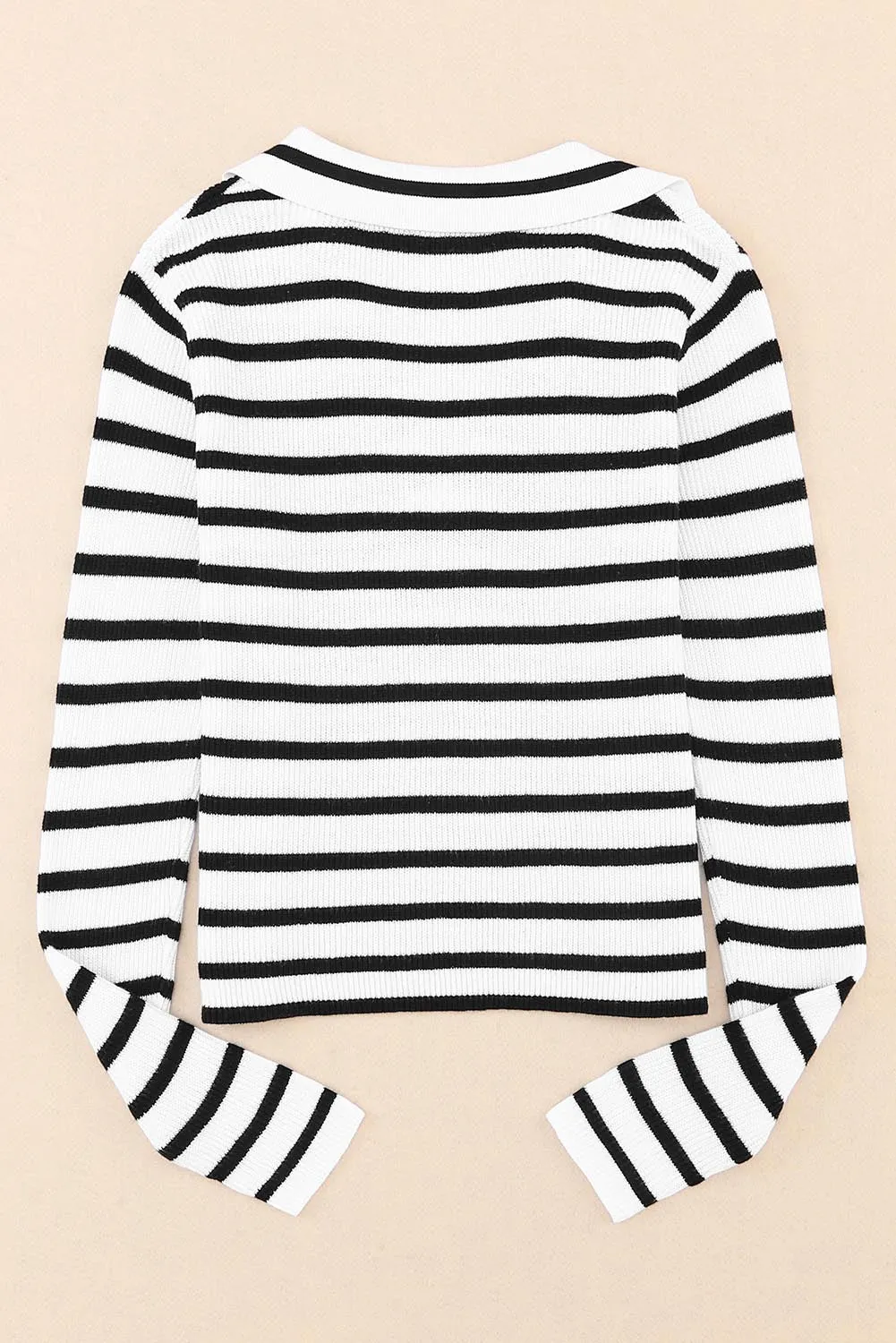 Stripe Casual Collared V Neck Lightweight Knit Sweater