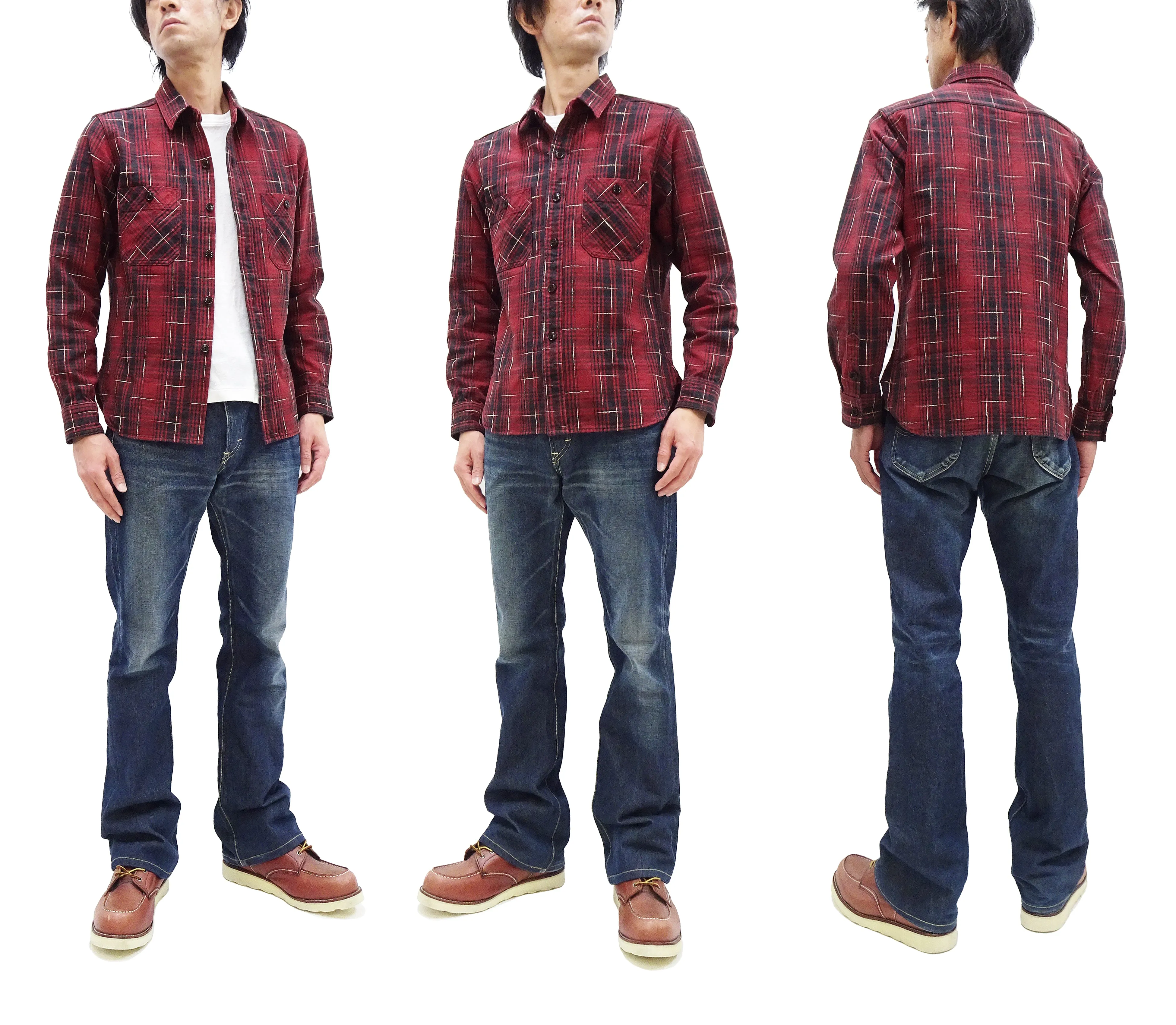 Studio D'artisan Kasuri Plaid Shirt Men's Heavyweight Long Sleeve Button Up Work Shirt 5698 Red