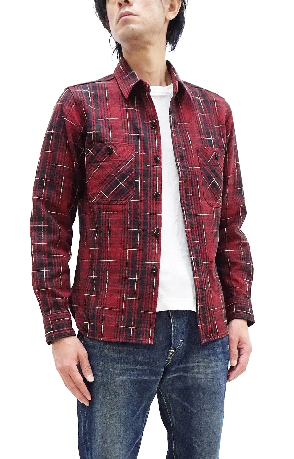 Studio D'artisan Kasuri Plaid Shirt Men's Heavyweight Long Sleeve Button Up Work Shirt 5698 Red