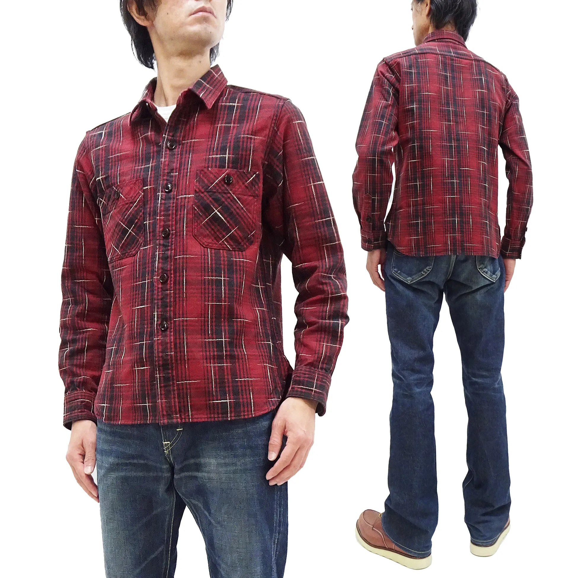 Studio D'artisan Kasuri Plaid Shirt Men's Heavyweight Long Sleeve Button Up Work Shirt 5698 Red