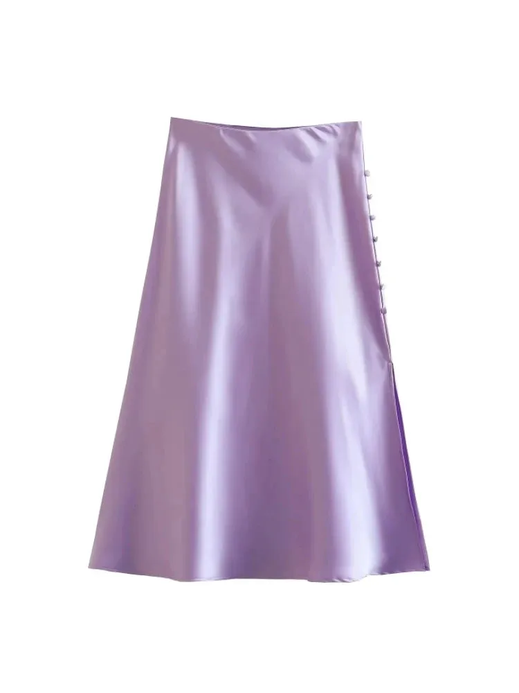 Summer Women Satin Elastic Waist Side Slit A-Line Skirt New Fashion Lady Button Decoration Falda Midi LUJIA ALAN P1597