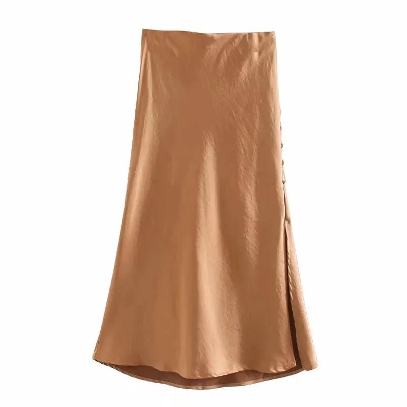 Summer Women Satin Elastic Waist Side Slit A-Line Skirt New Fashion Lady Button Decoration Falda Midi LUJIA ALAN P1597