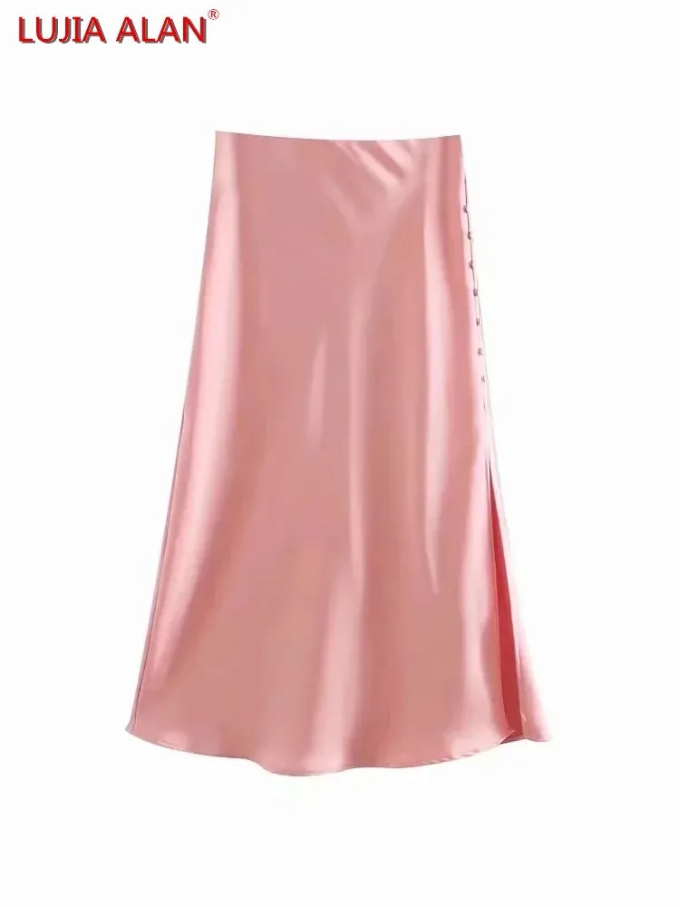 Summer Women Satin Elastic Waist Side Slit A-Line Skirt New Fashion Lady Button Decoration Falda Midi LUJIA ALAN P1597