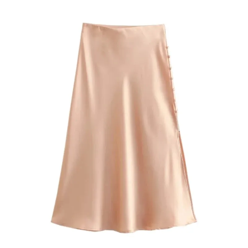 Summer Women Satin Elastic Waist Side Slit A-Line Skirt New Fashion Lady Button Decoration Falda Midi LUJIA ALAN P1597