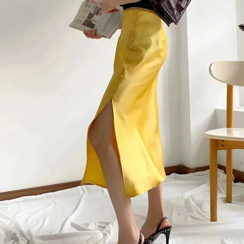 Summer Women Satin Elastic Waist Side Slit A-Line Skirt New Fashion Lady Button Decoration Falda Midi LUJIA ALAN P1597