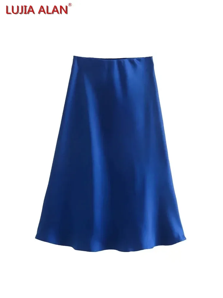 Summer Women Satin Elastic Waist Side Slit A-Line Skirt New Fashion Lady Button Decoration Falda Midi LUJIA ALAN P1597