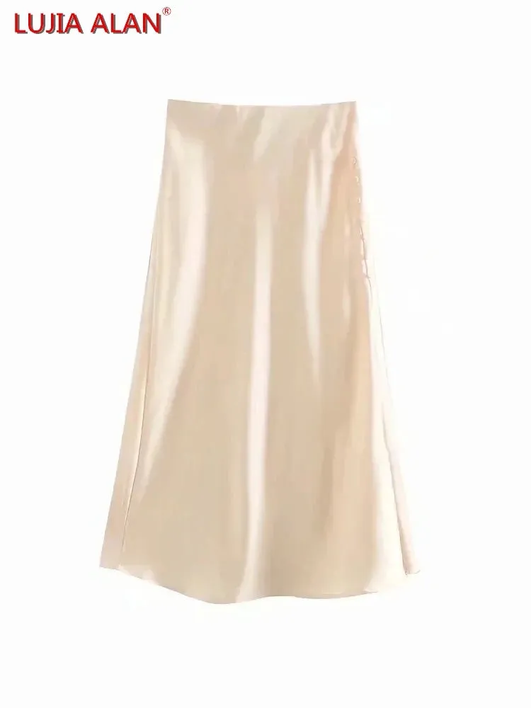 Summer Women Satin Elastic Waist Side Slit A-Line Skirt New Fashion Lady Button Decoration Falda Midi LUJIA ALAN P1597