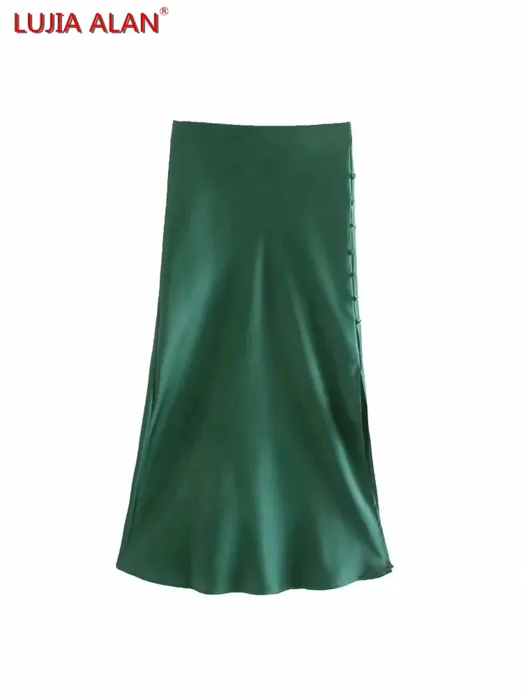 Summer Women Satin Elastic Waist Side Slit A-Line Skirt New Fashion Lady Button Decoration Falda Midi LUJIA ALAN P1597