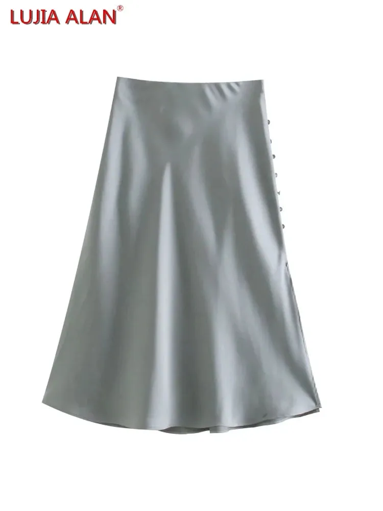 Summer Women Satin Elastic Waist Side Slit A-Line Skirt New Fashion Lady Button Decoration Falda Midi LUJIA ALAN P1597