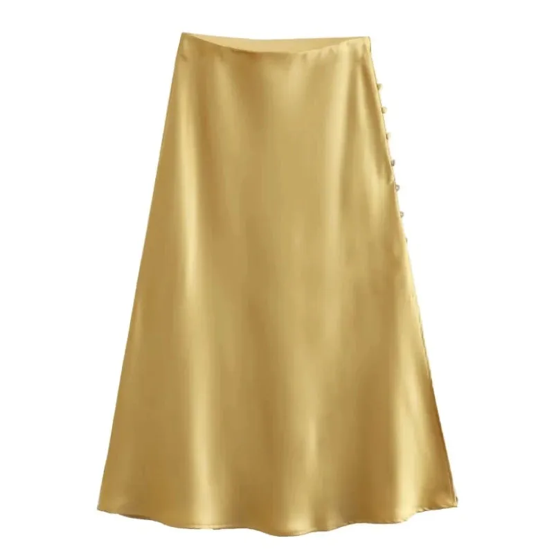 Summer Women Satin Elastic Waist Side Slit A-Line Skirt New Fashion Lady Button Decoration Falda Midi LUJIA ALAN P1597