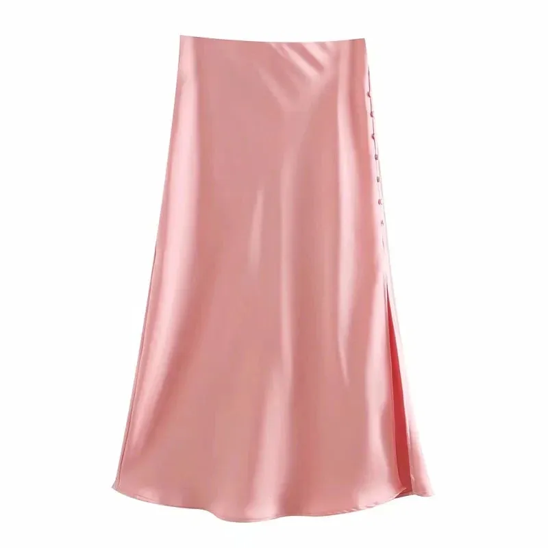 Summer Women Satin Elastic Waist Side Slit A-Line Skirt New Fashion Lady Button Decoration Falda Midi LUJIA ALAN P1597