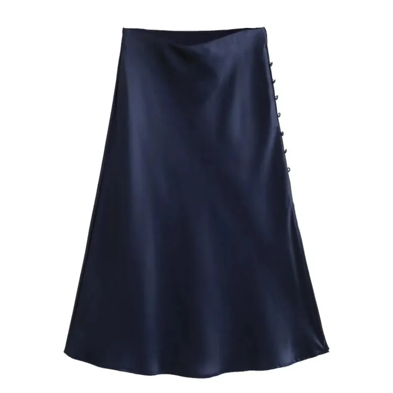 Summer Women Satin Elastic Waist Side Slit A-Line Skirt New Fashion Lady Button Decoration Falda Midi LUJIA ALAN P1597