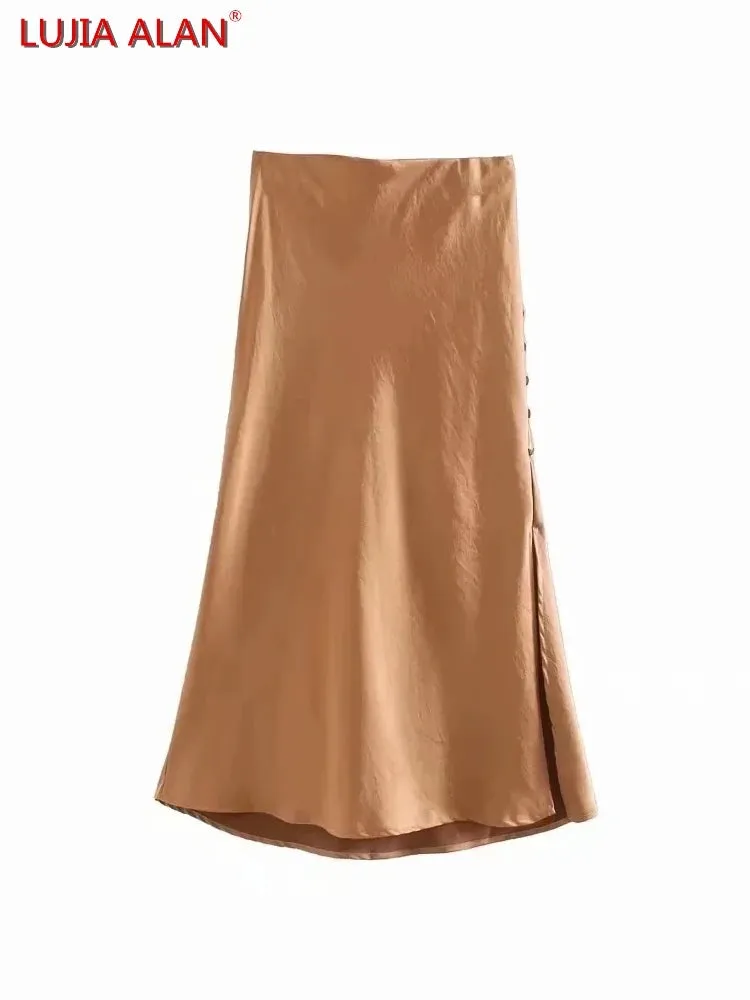 Summer Women Satin Elastic Waist Side Slit A-Line Skirt New Fashion Lady Button Decoration Falda Midi LUJIA ALAN P1597