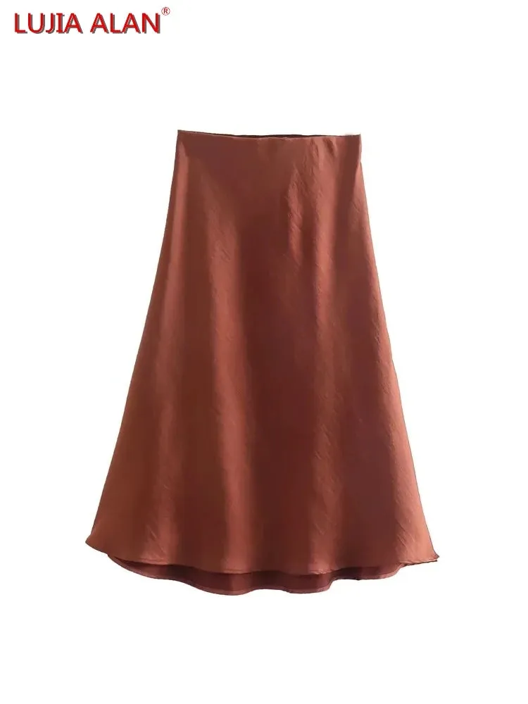 Summer Women Satin Elastic Waist Side Slit A-Line Skirt New Fashion Lady Button Decoration Falda Midi LUJIA ALAN P1597