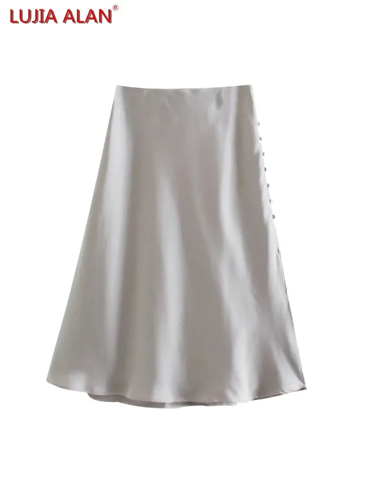 Summer Women Satin Elastic Waist Side Slit A-Line Skirt New Fashion Lady Button Decoration Falda Midi LUJIA ALAN P1597