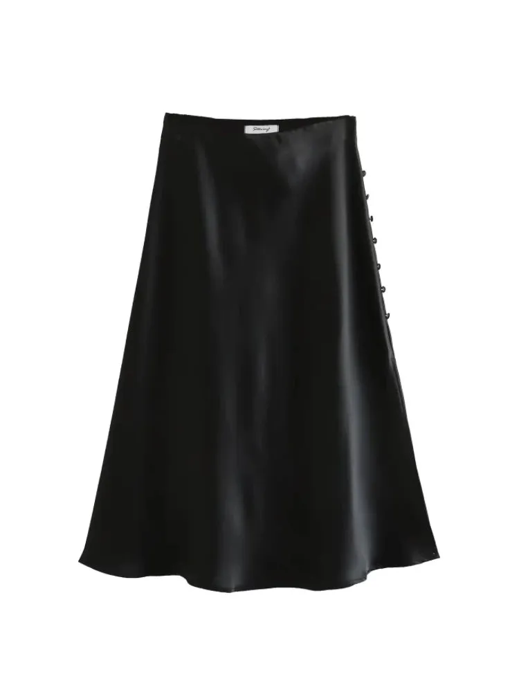 Summer Women Satin Elastic Waist Side Slit A-Line Skirt New Fashion Lady Button Decoration Falda Midi LUJIA ALAN P1597