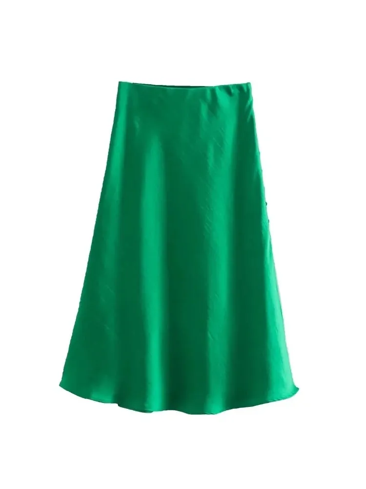 Summer Women Satin Elastic Waist Side Slit A-Line Skirt New Fashion Lady Button Decoration Falda Midi LUJIA ALAN P1597