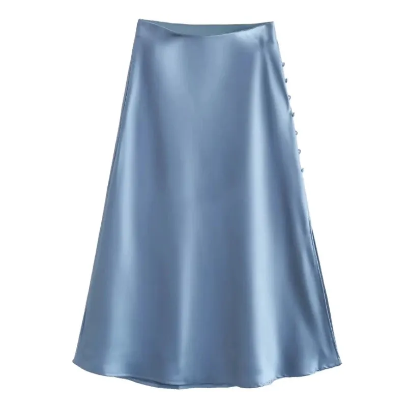 Summer Women Satin Elastic Waist Side Slit A-Line Skirt New Fashion Lady Button Decoration Falda Midi LUJIA ALAN P1597