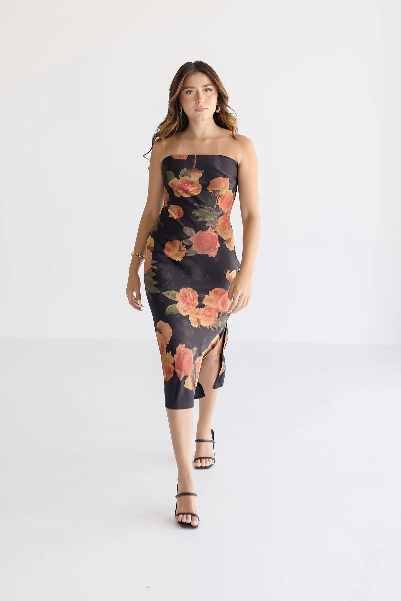 Sylvie Sleeveless Floral Print Tube Maxi Dress Black