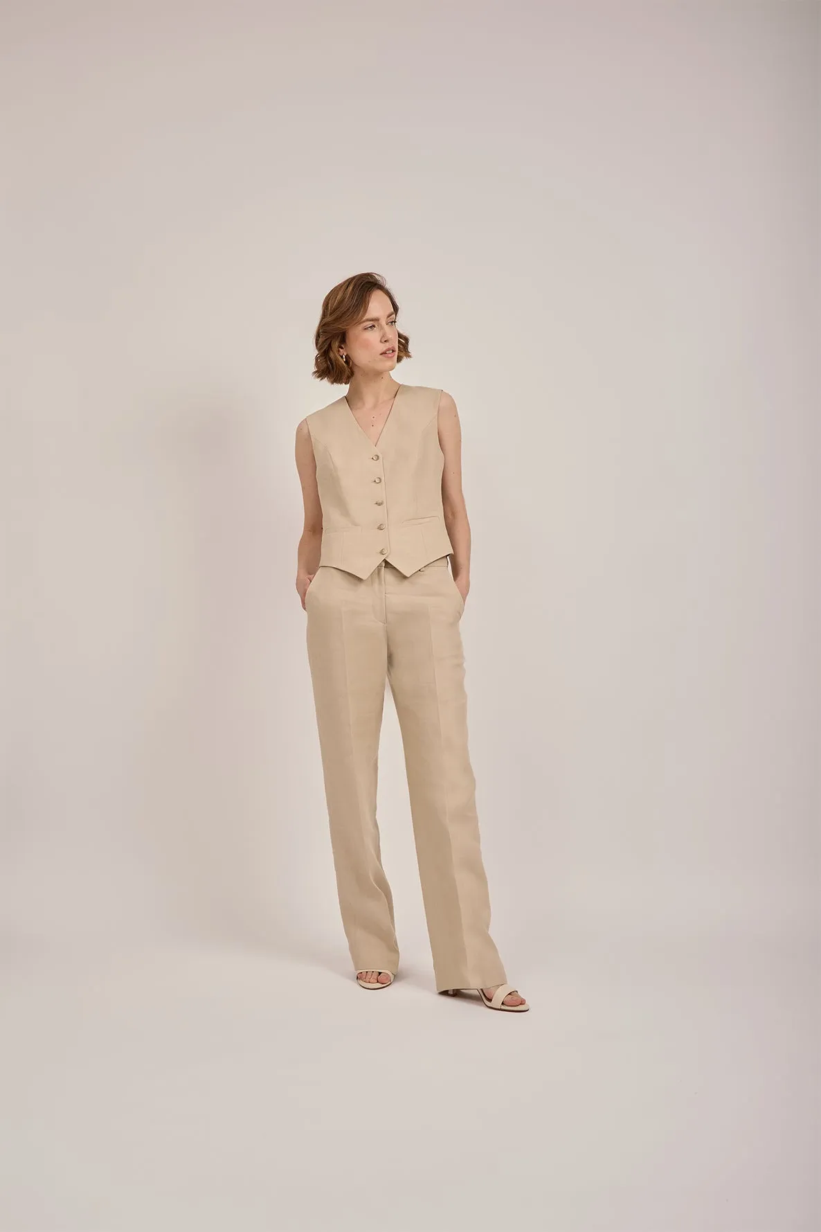 Tailored Waistcoat in Neutral Linen by Anna James